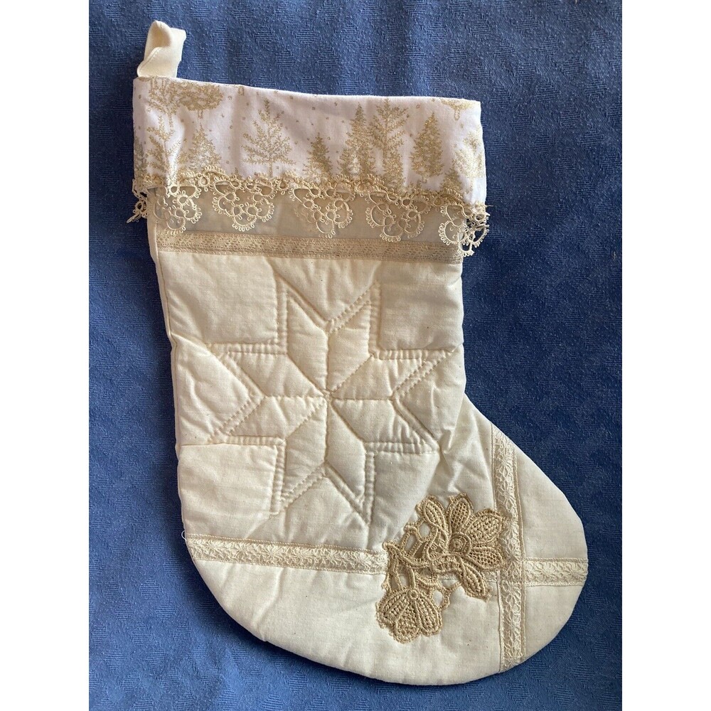 Quilted CHRISTMAS STOCKING  Ivory Vintage Lace Holiday Decor